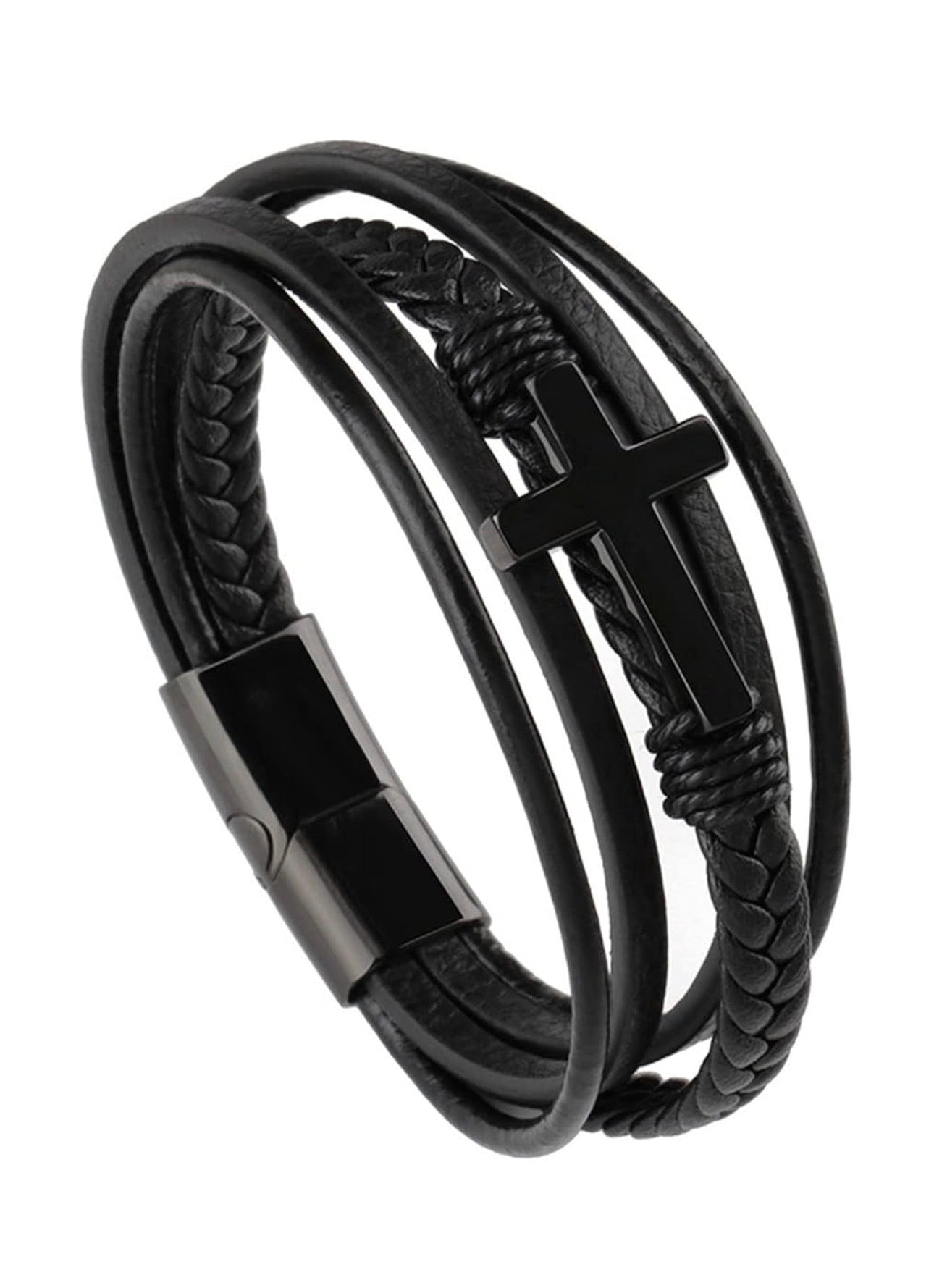 Mens Leather Cross Bracelet