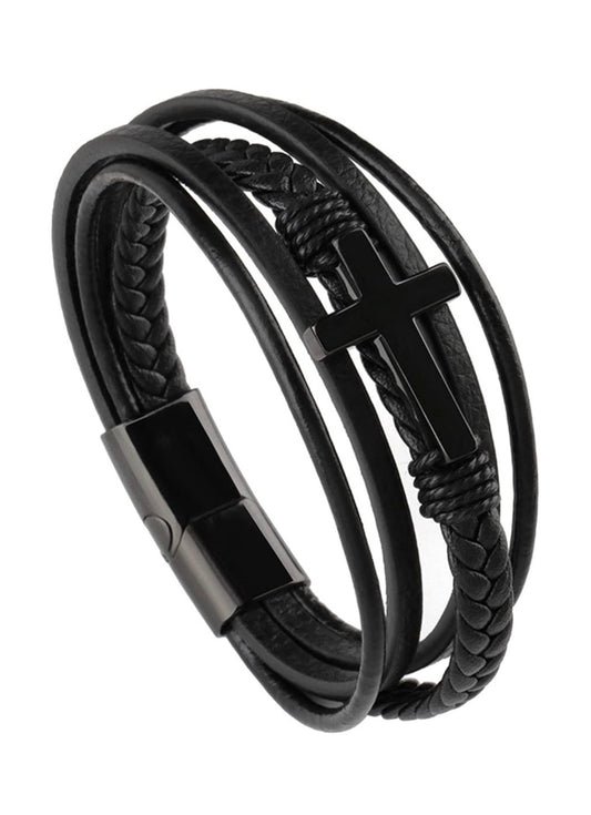Mens Leather Cross Bracelet