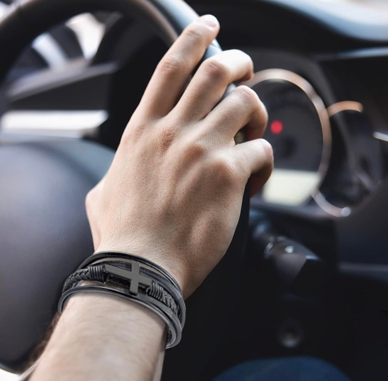 Mens Leather Cross Bracelet