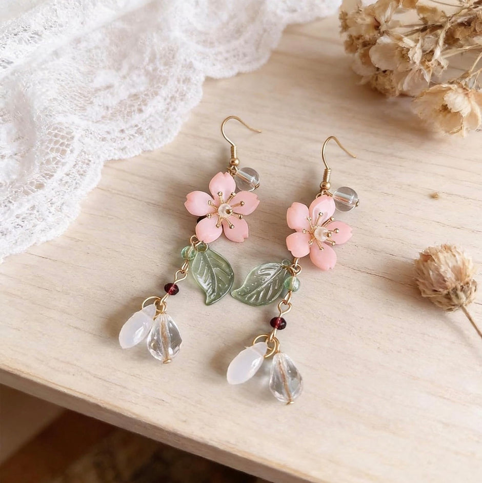 Delicate Cherry Blossom Dangle Earrings – Pink Floral Drop