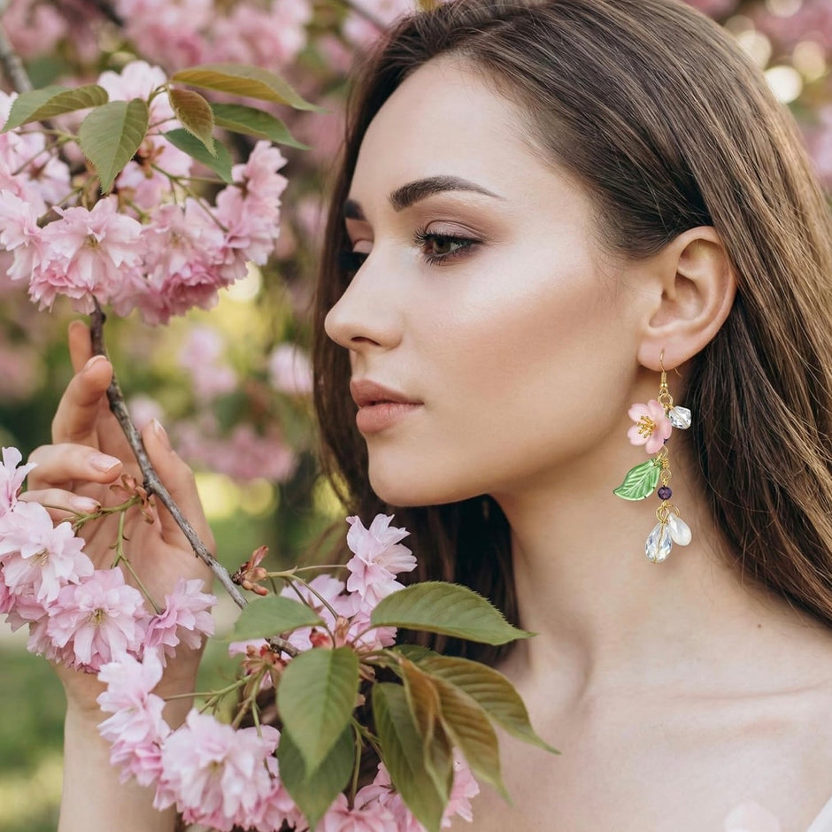 Delicate Cherry Blossom Dangle Earrings – Pink Floral Drop