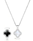 Silver necklace with clover-shaped pendants on a white background