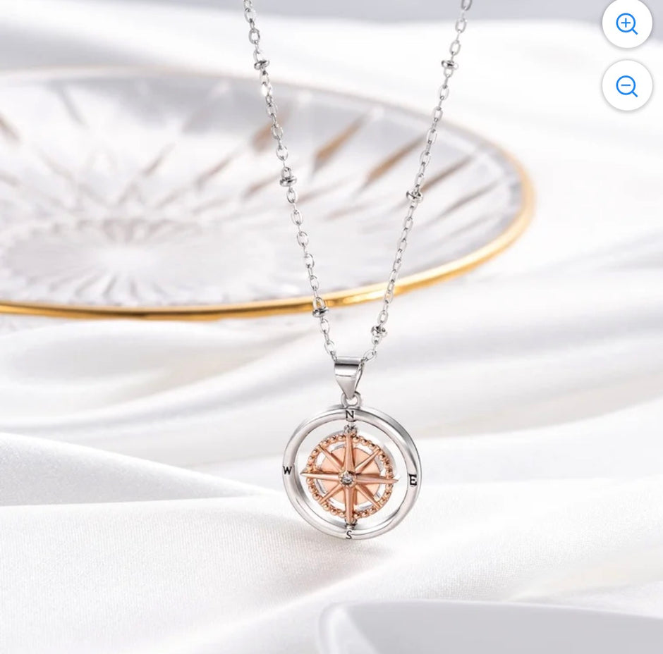 Stainless Steel Rotating Compass Necklace – Two-Tone Pendant Chain