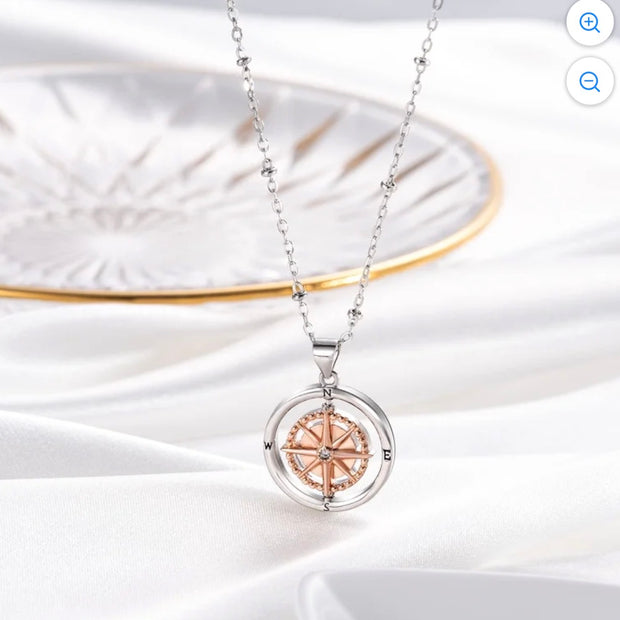 Stainless Steel Rotate Compass Necklace – Adjustable 17.7"-20" Pendant Chain
