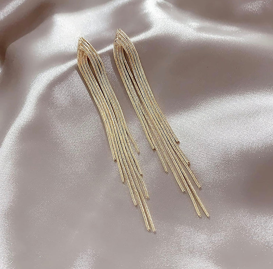 14K Gold Plated Linear Fringe Drop Earrings