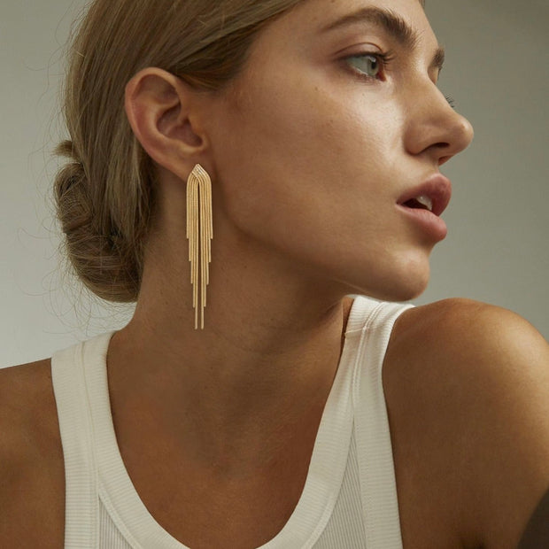 14K Gold Plated Linear Drop Dangle Earrings – 3.15 Inch Elongated Silhouette