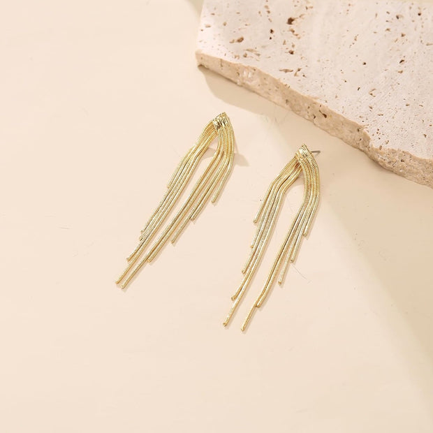 14K Gold Plated Linear Drop Dangle Earrings – 3.15 Inch Elongated Silhouette