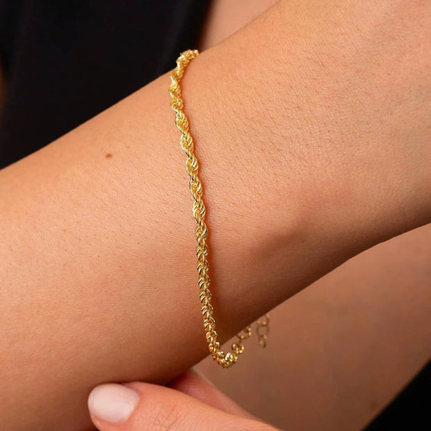 14K Gold Plated 3mm Twisted Rope Bracelet – Adjustable 8.2"-10.2" Chain