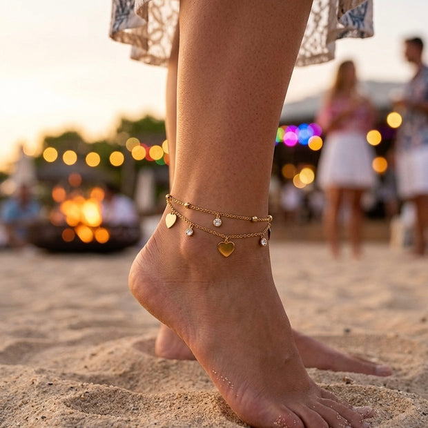 Gold Plated Stainless Steel Heart Ankle Bracelet – Adjustable 8.2"-10.2"