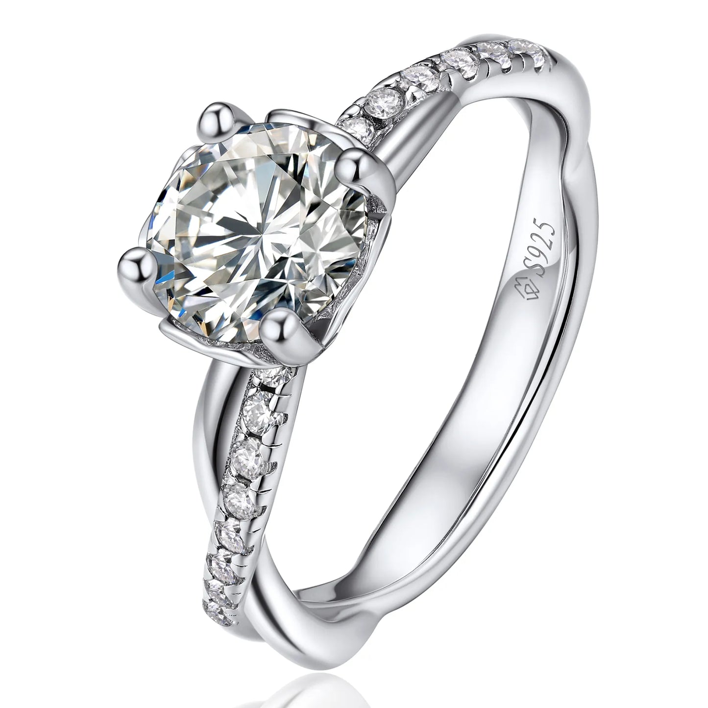 Moissanite Twisted Vine Pavé Engagement Ring with Side Heart for Women in White Gold