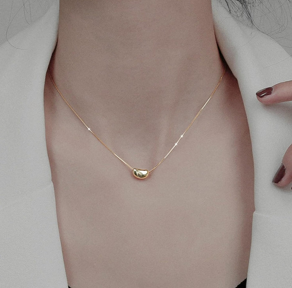 Minimalist Gold-Tone Stainless Steel Bean Pendant Necklace