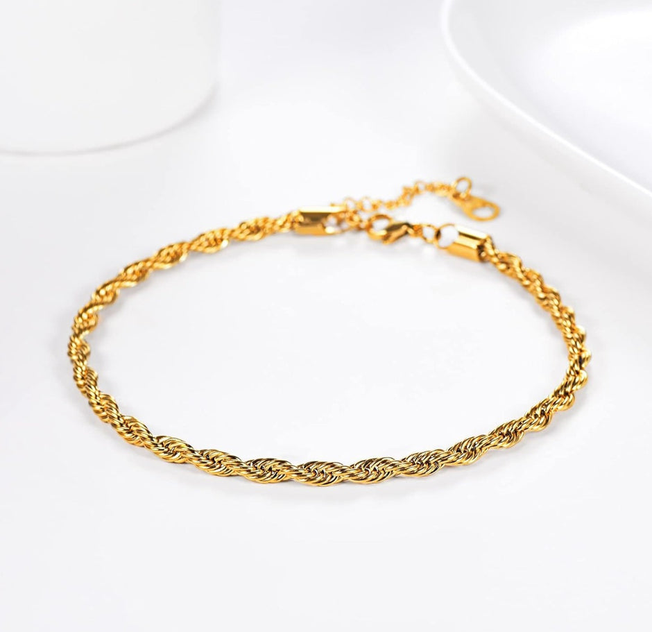 14K Gold Plated 3mm Twisted Rope Anklet Bracelet – Adjustable 8.2
