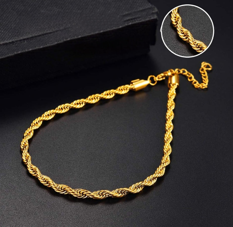 14K Gold Plated 3mm Twisted Rope Anklet Bracelet – Adjustable 8.2