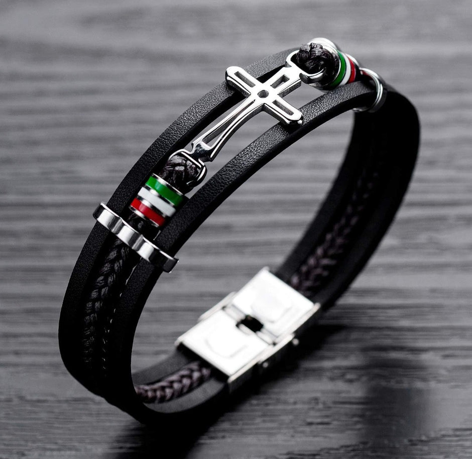 Vintage Multilayer Woven Leather Bracelet – Men’s Stainless Steel Cuff