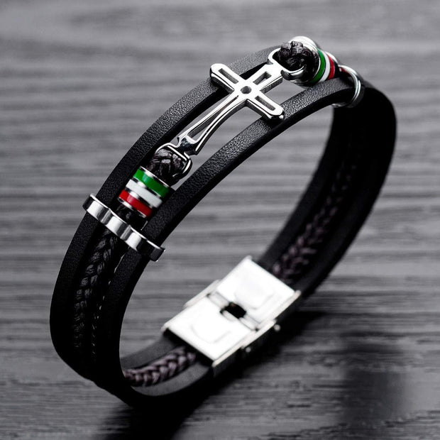 Vintage Multilayer Woven Leather Bracelet – Men’s Stainless Steel Cuff