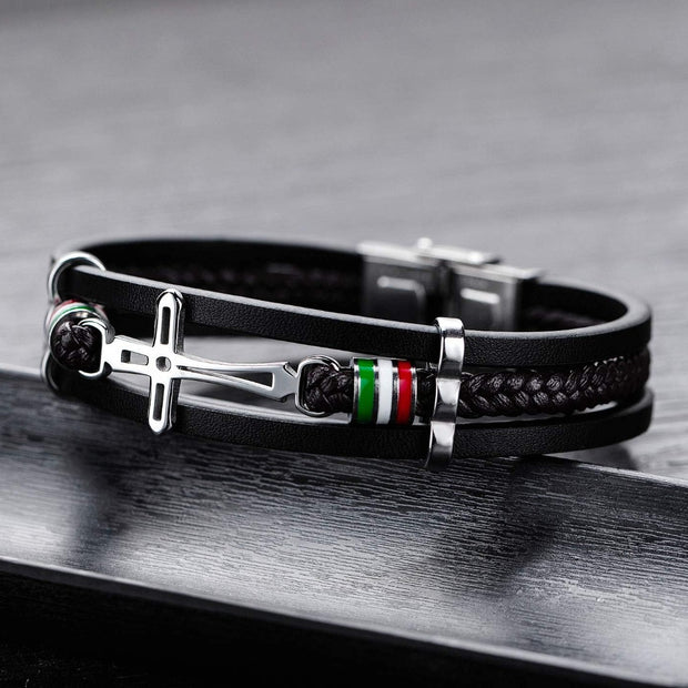 Vintage Multilayer Woven Leather Bracelet – Men’s Stainless Steel Cuff
