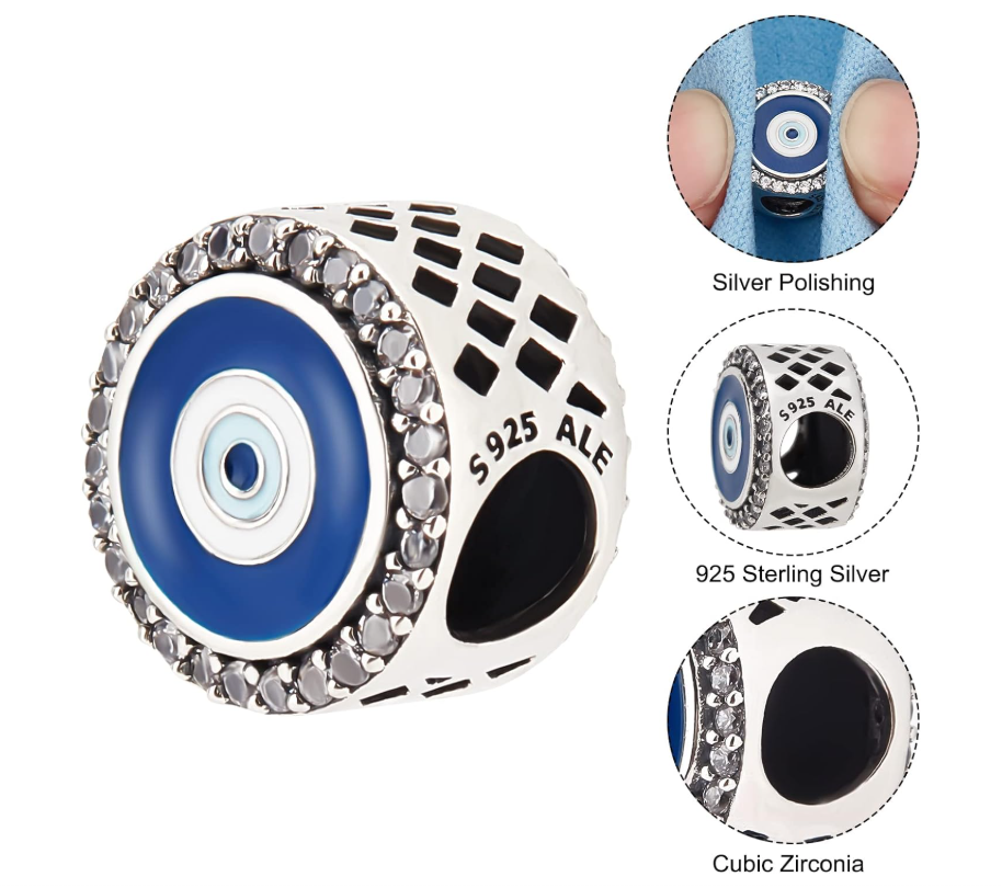 Blue Evil Eye Bracelet Charm with CZ – 925 Silver Protection Talisman
