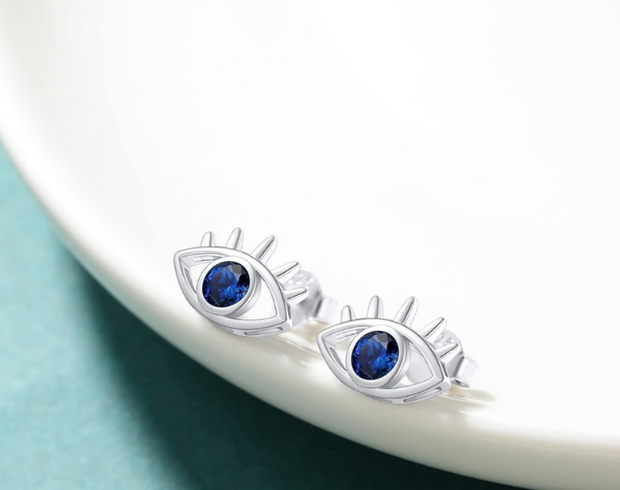 Shimmering Blue Evil Eye Studs – Minimalist 925 Sterling Silver Earrings
