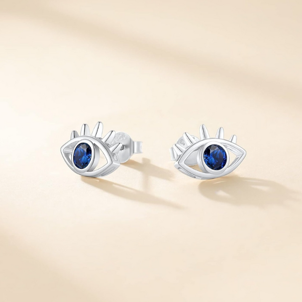 Shimmering Blue Evil Eye Studs – Minimalist 925 Sterling Silver Earrings