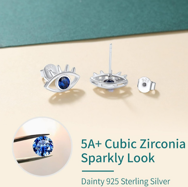Shimmering Blue Evil Eye Studs – Minimalist 925 Sterling Silver Earrings