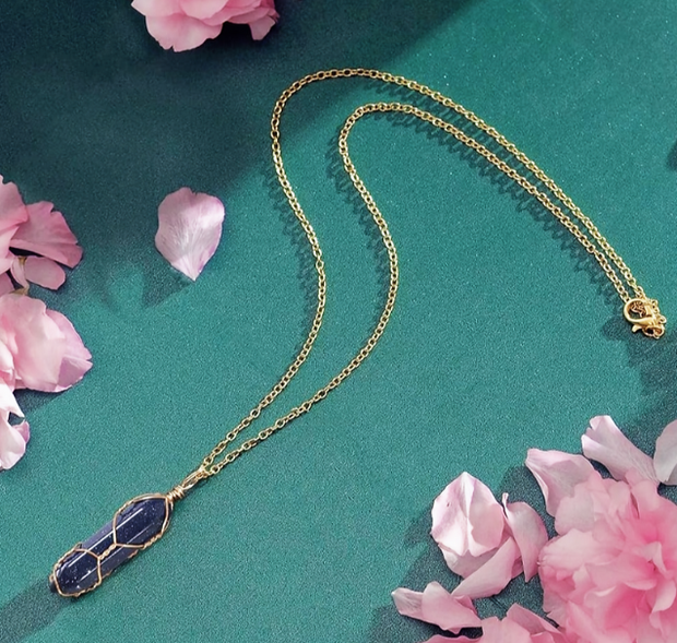 18" Blue Sandstone Crystal Pendant – 1.4" Starry Night Necklace
