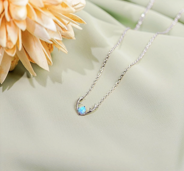 16" Blue Opal Deer Antler Necklace – 14K Gold Plated Pendant