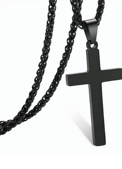 24" Black Stainless Steel Cross Pendant Necklace – 3 mm Chain