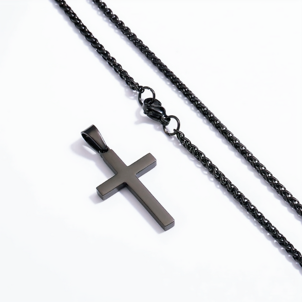 24" Black Stainless Steel Cross Pendant Necklace – 3 mm Chain