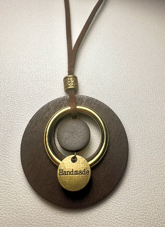 Wooded Pendant With Leagher Necklace Hand Made