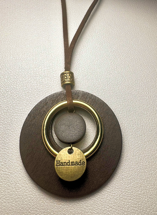 Wooded Pendant With Leagher Necklace Hand Made