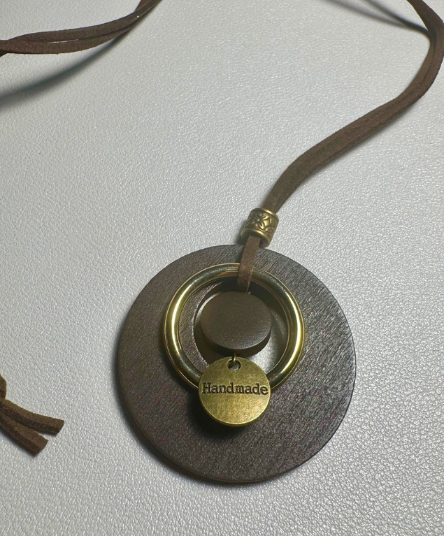 Wooded Pendant With Leagher Necklace Hand Made