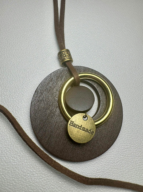 Wooded Pendant With Leagher Necklace Hand Made