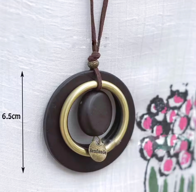 Wooded Pendant With Leagher Necklace Hand Made