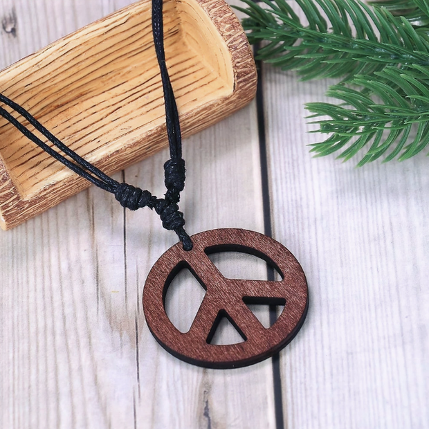 24" Peace Symbol Pendant Necklace – Natural Wood & Leather