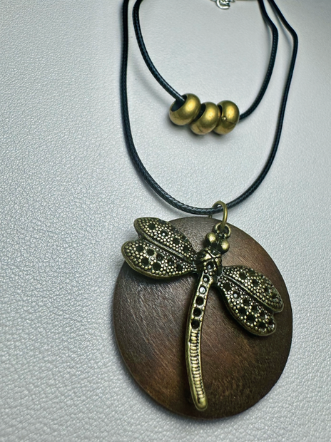 Artisan Dragonfly Pendant Necklace – Natural Wood & Zinc Alloy