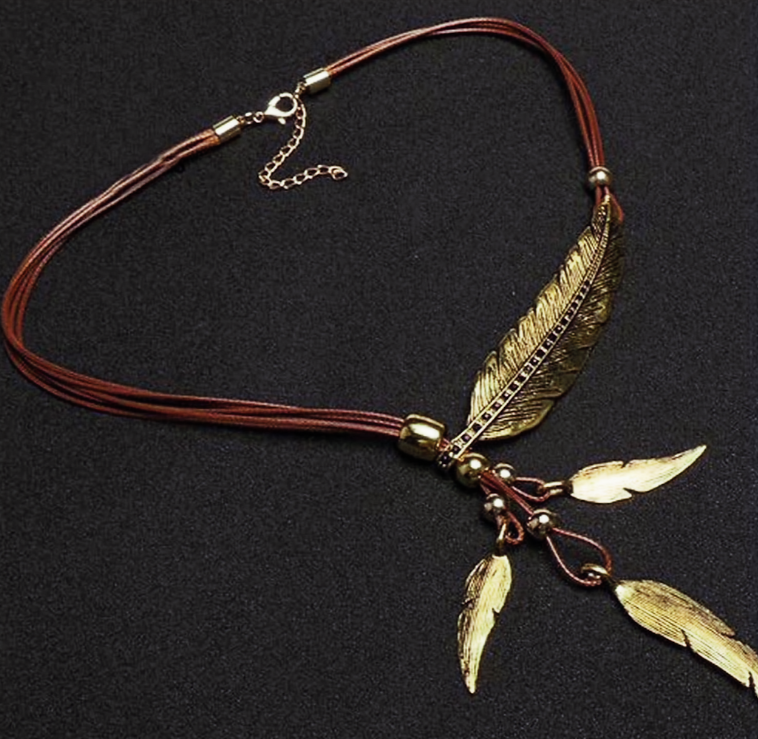 Bohemian Style Rope Chain Leaf Feather Pettern Pendant Hand Made