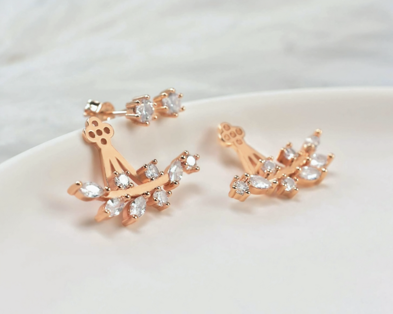 Leaf with Cz Crystal Ear Cuff Jacket Front Back Stud Earring