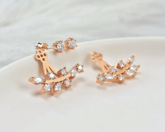 Leaf with Cz Crystal Ear Cuff Jacket Front Back Stud Earring
