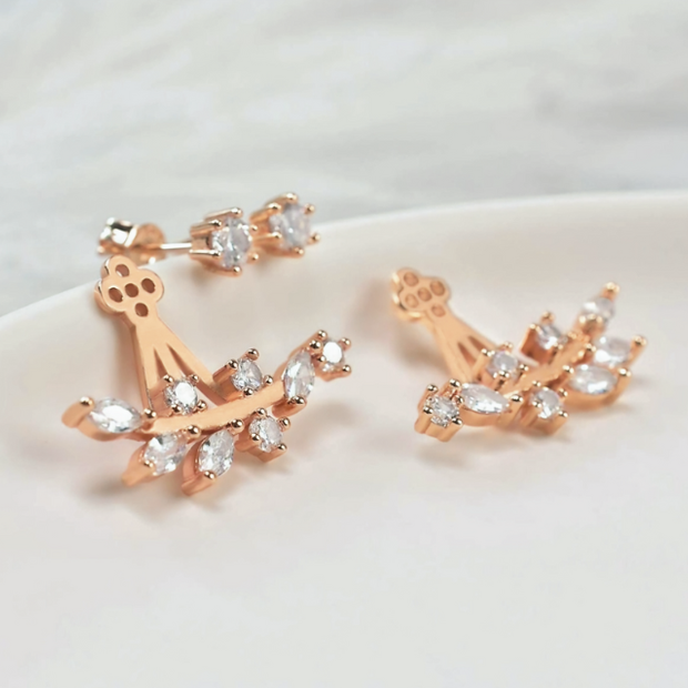 Leaf & CZ Crystal Ear Jacket Earrings – Rose Gold-Tone Studs