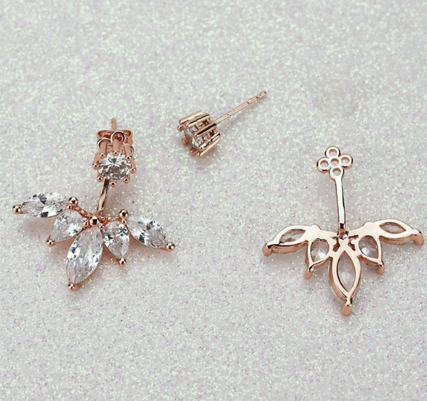 Leaf & CZ Crystal Ear Jacket Earrings – Rose Gold-Tone Studs