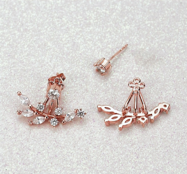Leaf with Cz Crystal Ear Cuff Jacket Front Back Stud Earring
