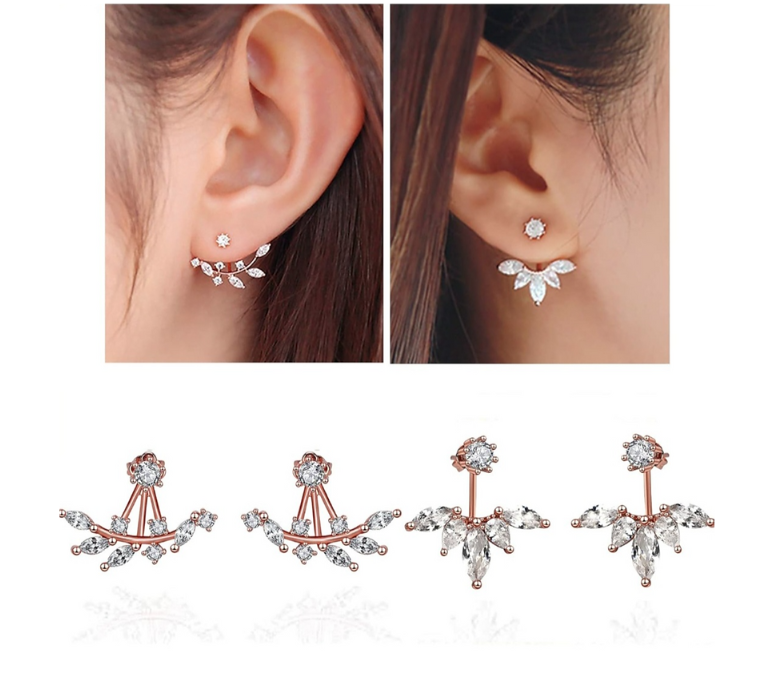 Leaf with Cz Crystal Ear Cuff Jacket Front Back Stud Earring