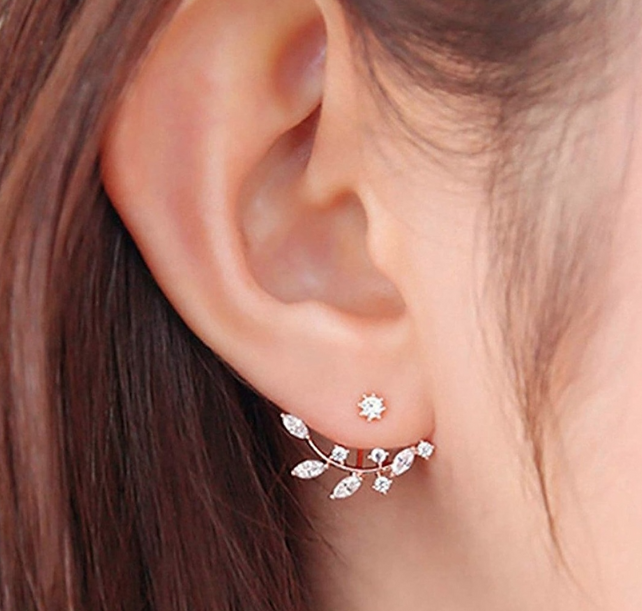 Leaf with Cz Crystal Ear Cuff Jacket Front Back Stud Earring