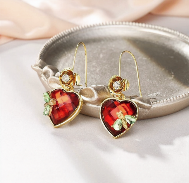 Stone Heart Drop Earrings with Pink Faceted Stone, Bee and Flower