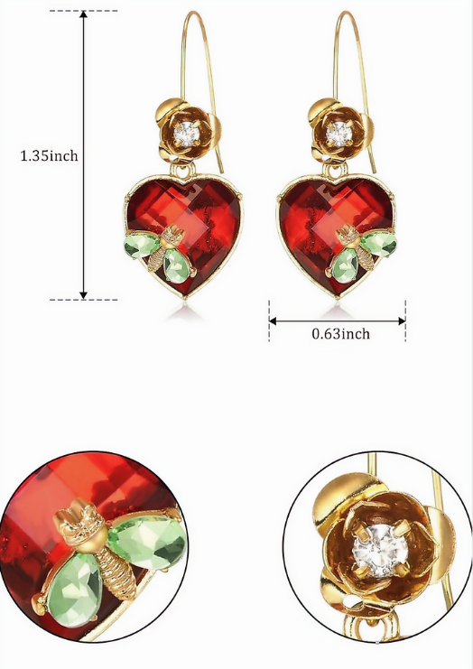 Stone Heart Drop Earrings with Pink Faceted Stone, Bee and Flower