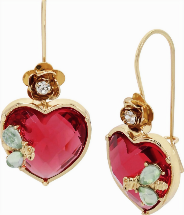 Stone Heart Drop Earrings with Pink Faceted Stone, Bee and Flower