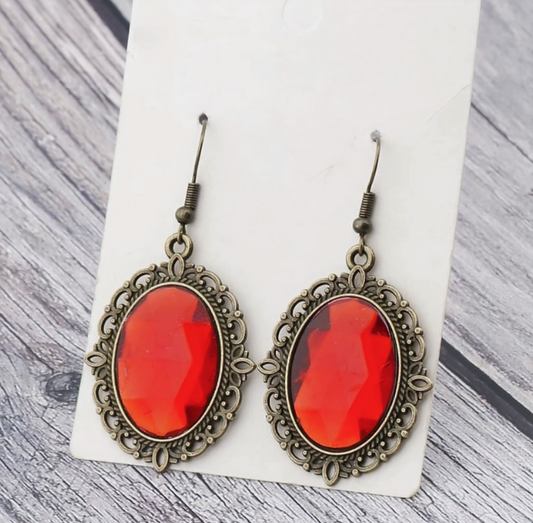 Teardrop Red Dangle Earrings, Vintage Gothic Earrings