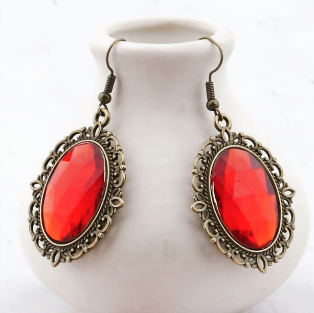 Teardrop Red Dangle Earrings, Vintage Gothic Earrings