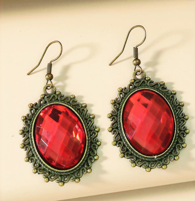 Teardrop Red Dangle Earrings, Vintage Gothic Earrings