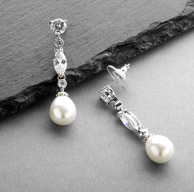 Linear Cubic Zirconia and Bold Pearl Teardrop Wedding Earrings